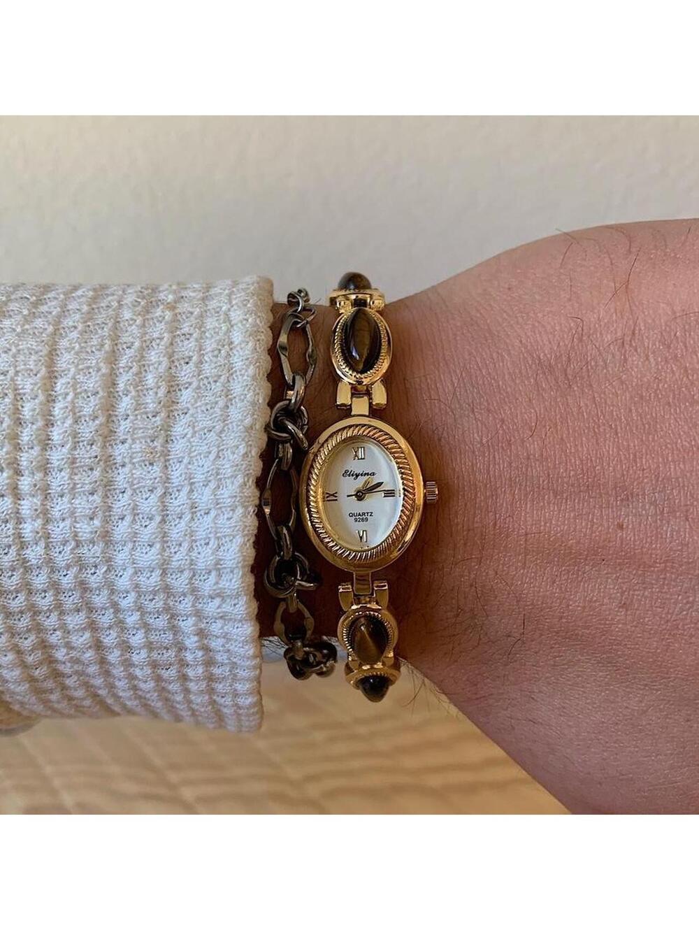 Y2k style Dainty cute Gold style tone quartz watch with brown jade stone opal ac - Picture 8 of 8